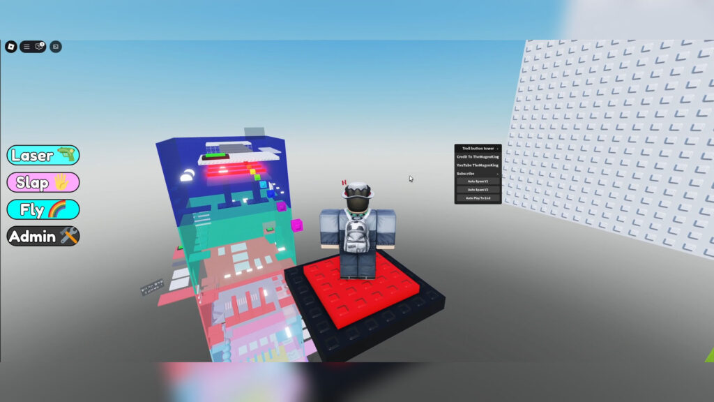 Troll Button Tower script for Roblox – Auto Play and Spam Buttons in action.