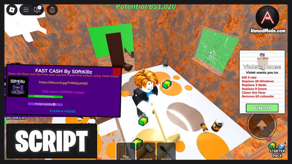 Clean a House Script Fast Cash & Push Aura – Roblox