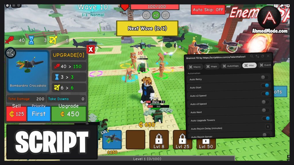 Brainrot Tower Defense Script Auto Farm Auto Place Auto Upgrade Auto Skip – Roblox