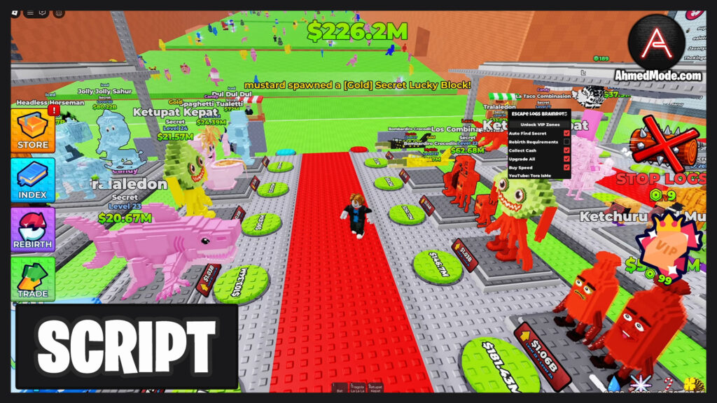 Escape Logs for Brainrots Script Auto Grab, Collect Cash, Upgrade All, Buy Speed & Unlock VIP Zones – Roblox