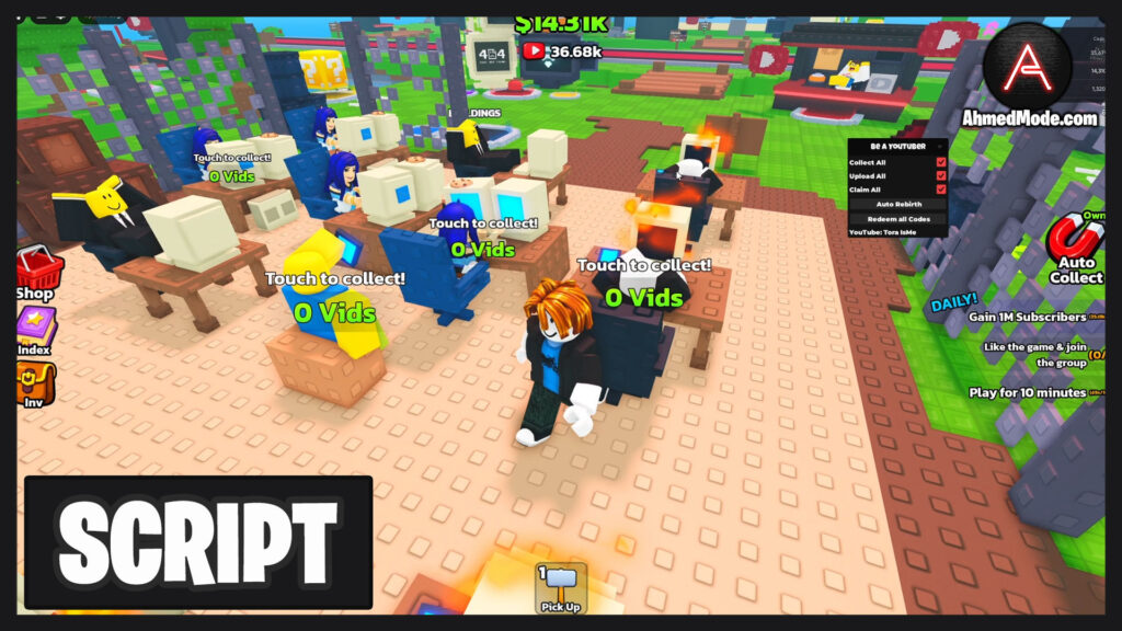 Be a YouTuber Script Collect All, Upload All & Claim All – Roblox