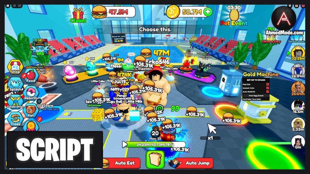 Get Fat to Splash Script Auto Farm, Fast Eat, Instant Coin, Auto Rebirth & Free Eggs Event – Roblox