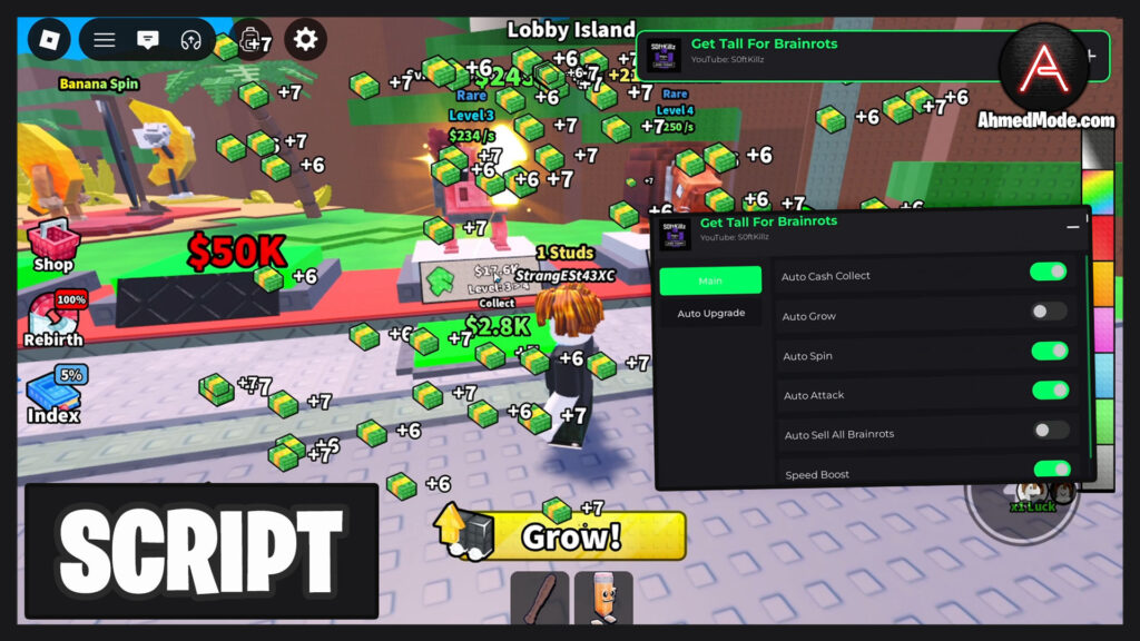 Get Tall For Brainrots Script Auto Grow, Collect Cash & Auto Upgrade – Roblox