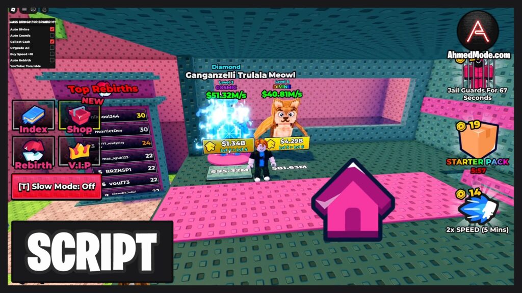 Survive Glass Bridge For Brainrots Script Auto Farm Brainrots, Collect Cash, Upgrade All, Buy Speed & Auto Rebirth – Roblox