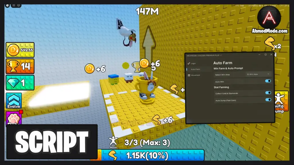 +1 Jump Evolve Tower Script Auto Win, Collect Gold & Diamonds & Auto Jump – Roblox