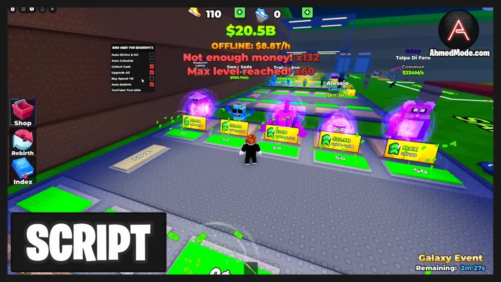 Bike Obby For Brainrots Script Auto Farm Brainrots, Collect Cash, Upgrade All & Auto Rebirth – Roblox