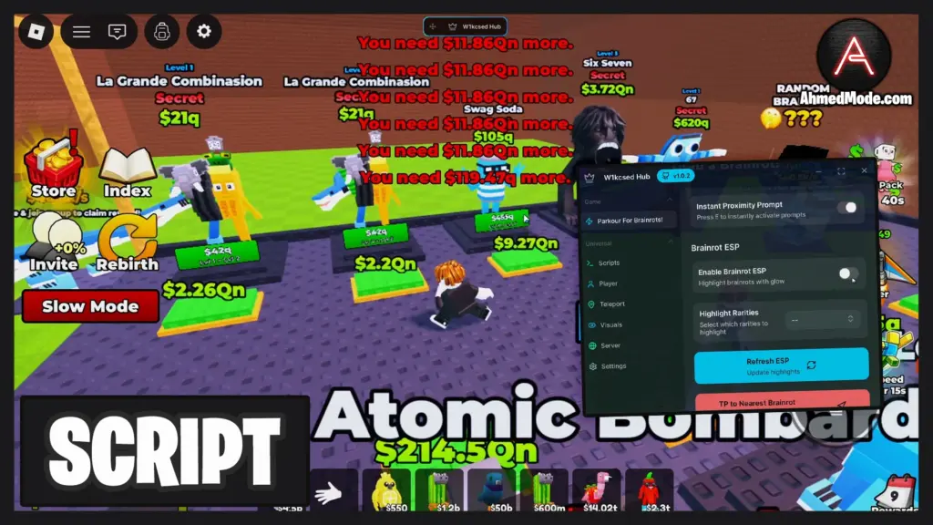 Parkour For Brainrots Script Auto Farm Brainrots, Collect Cash & Upgrade All – Roblox