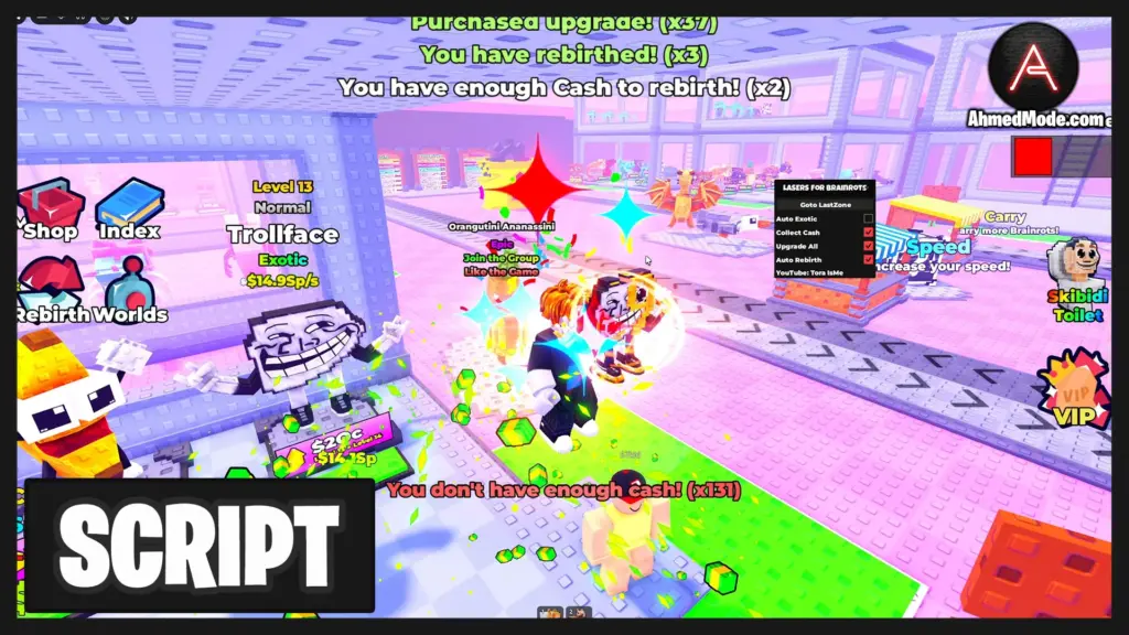 Shoot LASERS For Brainrots Script Auto Farm Brainrots, Collect Cash, Upgrade All & Auto Rebirth – Roblox