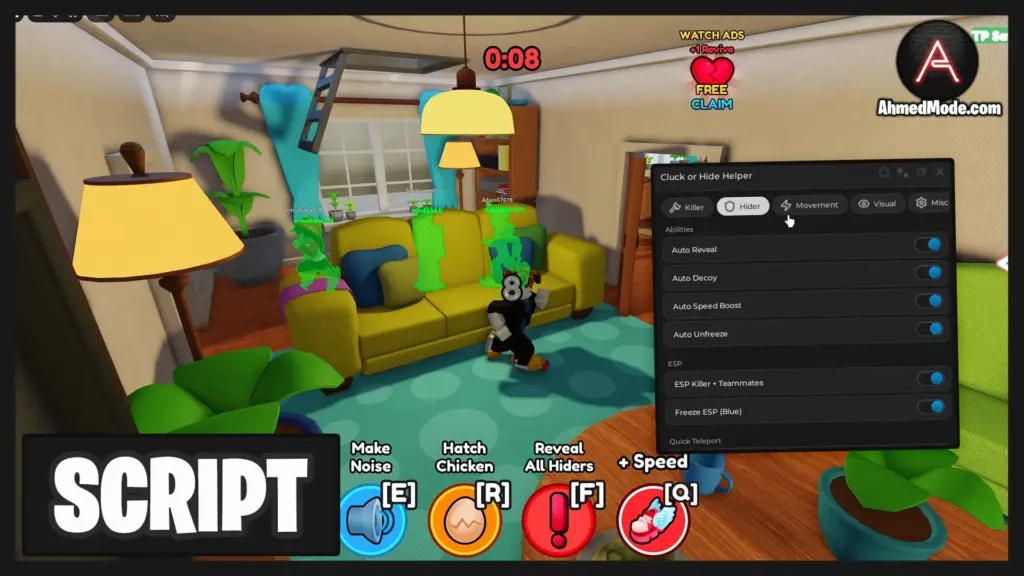 Cluck or Hide Script Auto Reveal, ESP & Fly – Roblox