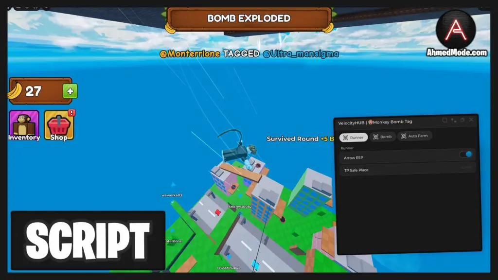 Monkey Bomb Tag Script Auto Give Bomb, ESP & TP Safe Area – Roblox