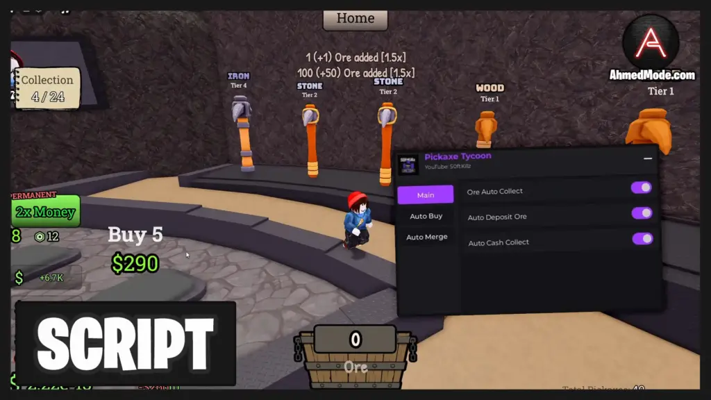 Pickaxe Tycoon Script Auto Farm, Auto Collect Ores, Auto Cash Collect, Auto Buy & Auto Merge – Roblox