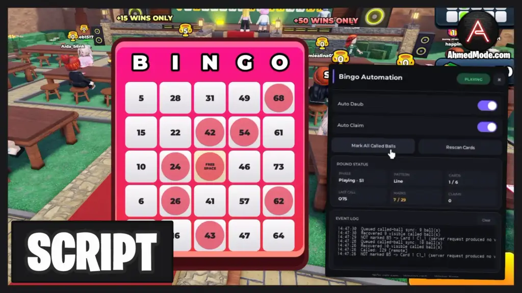 50 Player BINGO Script Auto Daub & Auto Claim – Roblox
